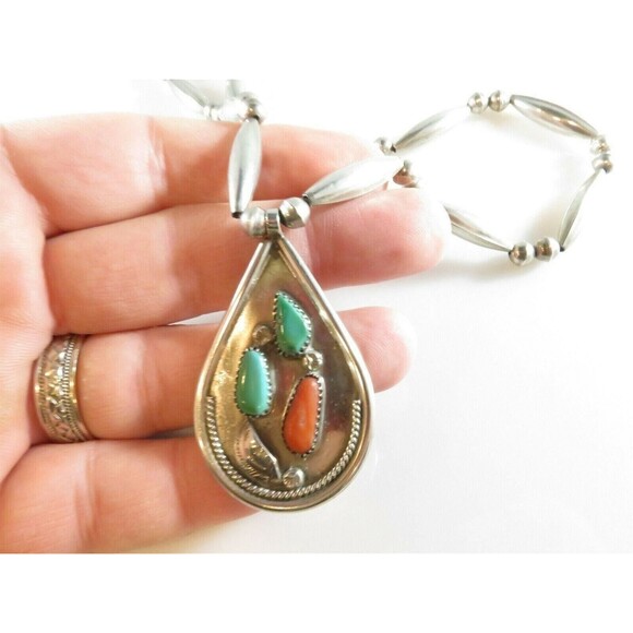 Tsethlikai Jo. Zuni Sterling Silver Coral Turquoise Bench Made Sterling Necklace - Picture 8 of 10